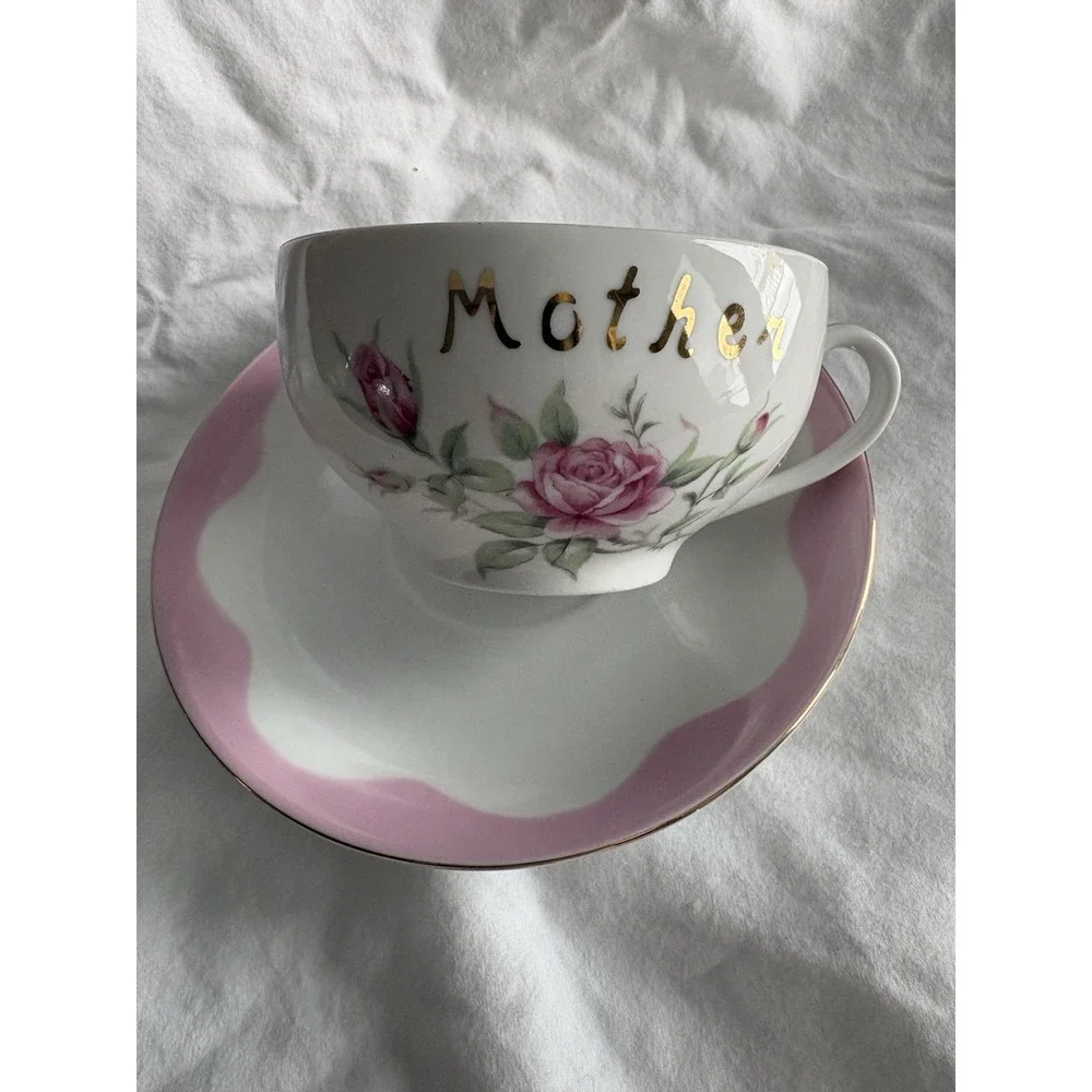 VTG Lefton English Bone China Pink Rose Mother Coffee TeaCup and Saucer‎ Boho LG